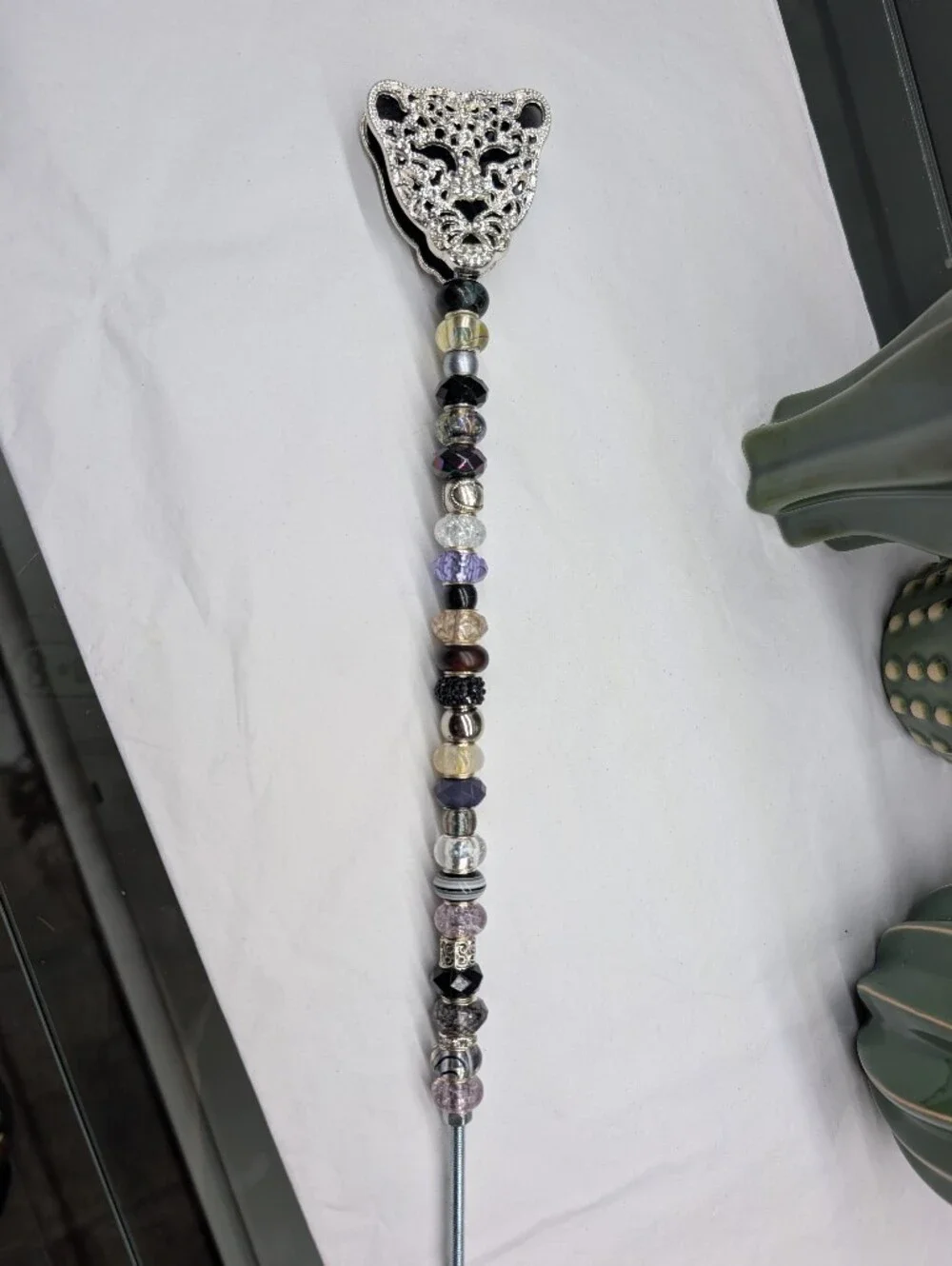 Hand Made Beaded Fairy Wand/Plant/Garden Stake W/Crystal Leopard Topper
